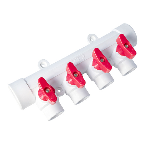 Коллектор с шаровым краном красный PPR 32х20/4,  белый, RTP