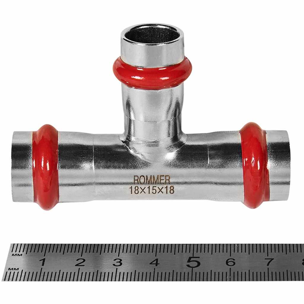 Тройник ROMMER переходной ВПр, 18х15х18, из нержавеющей стали прессовой, RSS-1014-181518