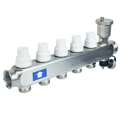 Коллекторная группа с регулирующими клапанами, расходомерами, воздухоотводчиками, обратными и дренажными клапанами, кронштейном (евроконус 3/4) нержавеющая сталь SUS 304 1х 5 выходов, RTP