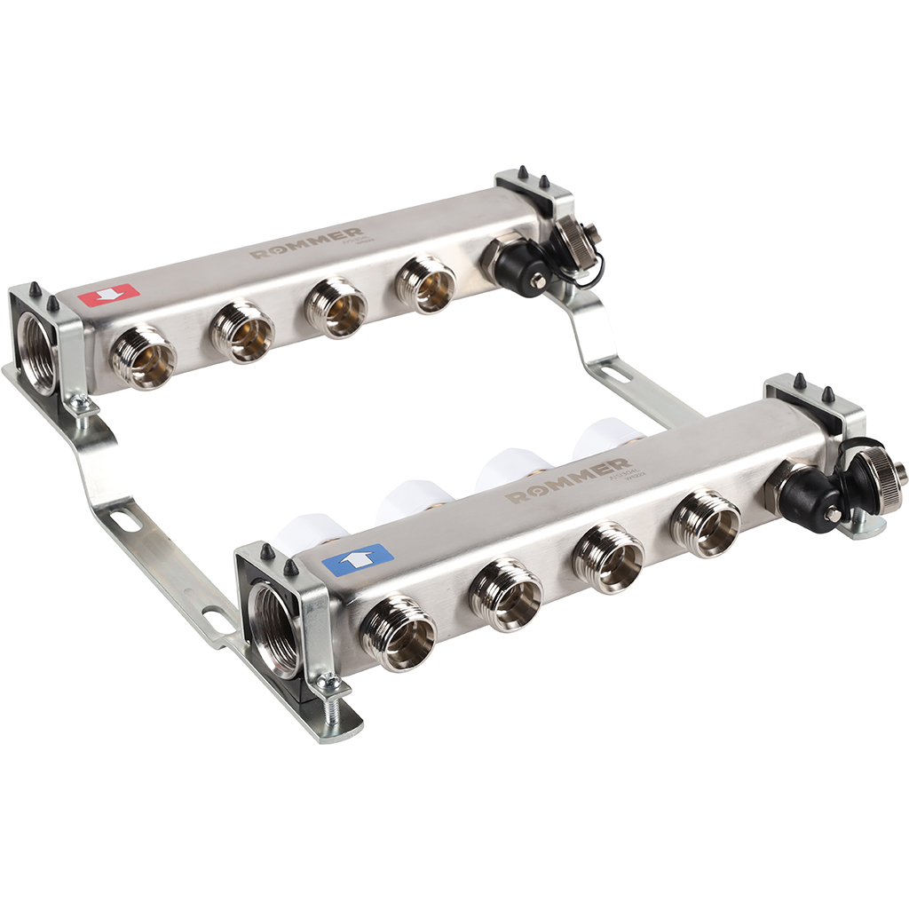 Коллектор из нержавеющей стали без расходомеров ROMMER, с клапаном вып. воздуха и сливом 4 выхода