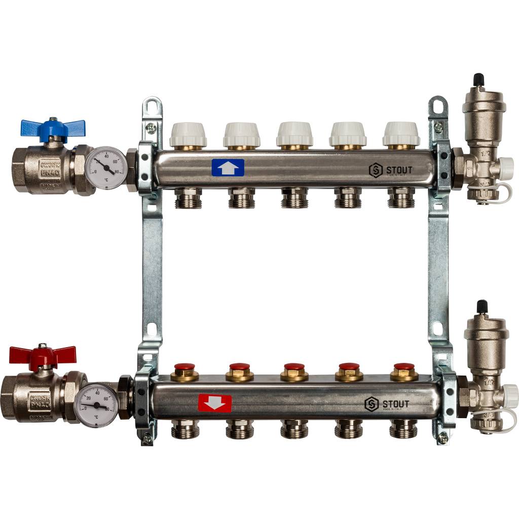 Коллектор из нержавеющей стали в сборе без расходомеров STOUT 5 выходов, SMS 0912 000005