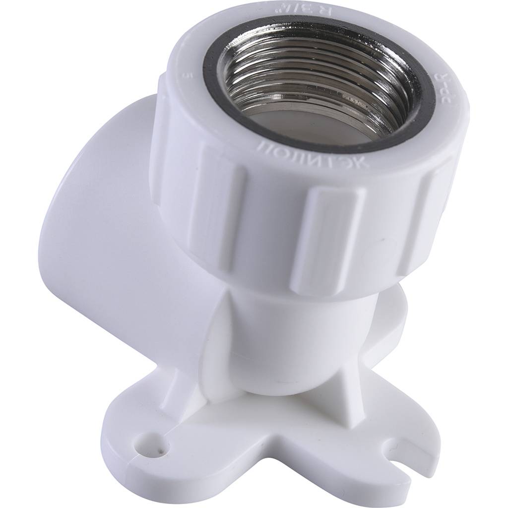 Угольник Политэк 25х3/4 с внутренней резьбой с креплением для полипропиленовых труб под сварку (цвет белый), 9400082534