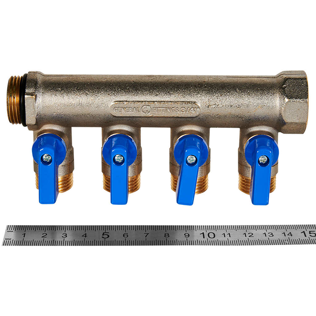 Коллектор с шаровыми кранами STOUT 3/4 , 4 отвода 1/2  (синие ручки)