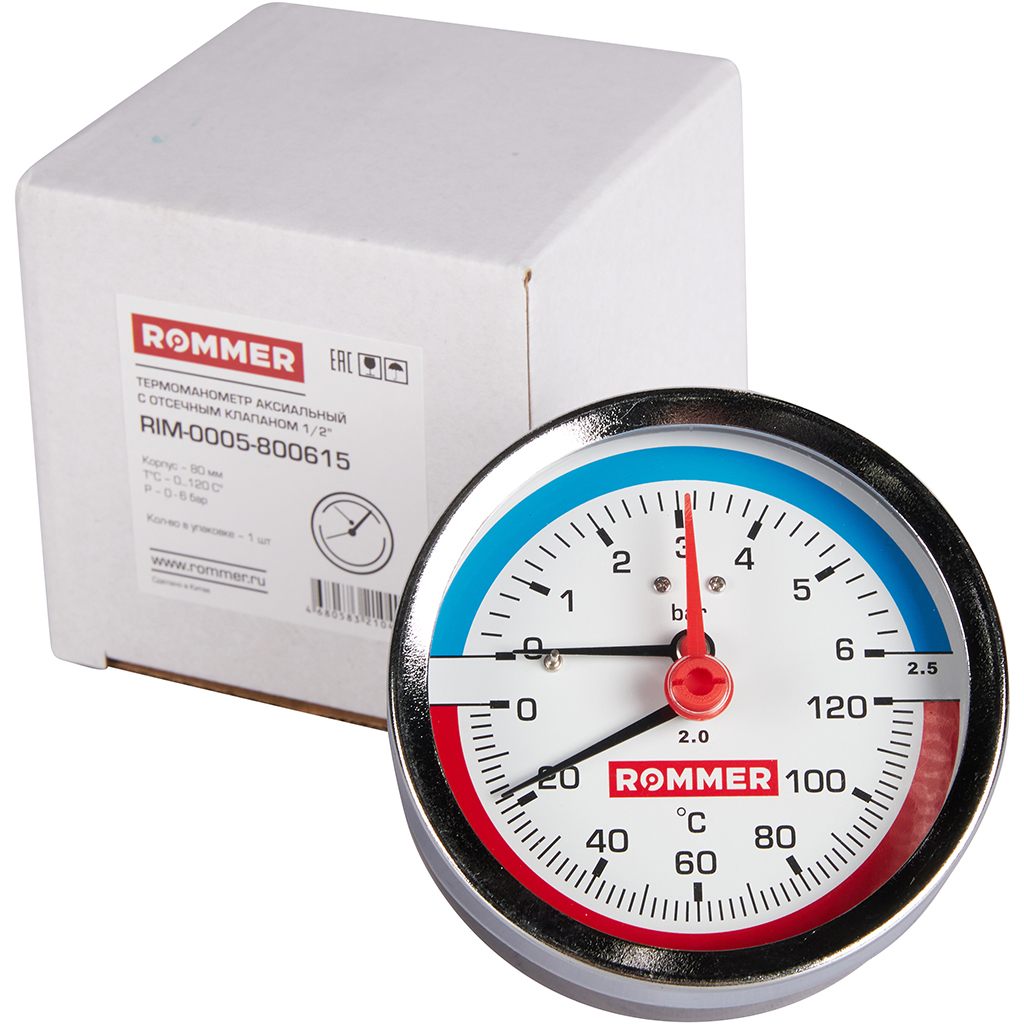 Термоманометр аксиальный ROMMER 80 мм 120 градусов в комплекте с автоматическим запорным клапаном 1/2