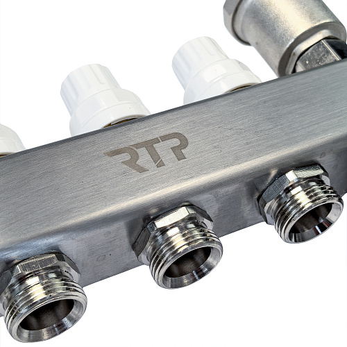 Коллекторная группа с регулирующими клапанами, расходомерами, воздухоотводчиками, обратными и дренажными клапанами, кронштейном (евроконус 3/4) нержавеющая сталь SUS 304 1х 3 выхода, RTP