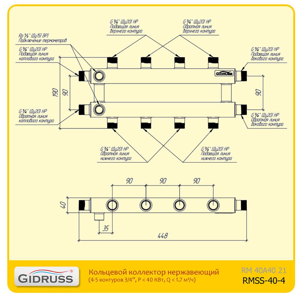 Кольцевой коллектор для отопления GIDRUSS на 4 - 5 контуров RMSS-40-4 (G, 90 мм)