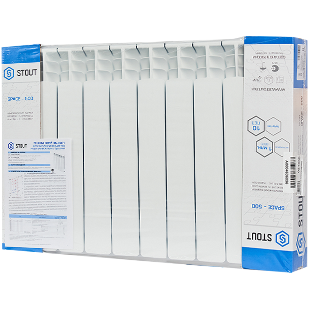 Радиатор биметаллический STOUT Space 500 10 секций нижнее правое подключение RAL9016