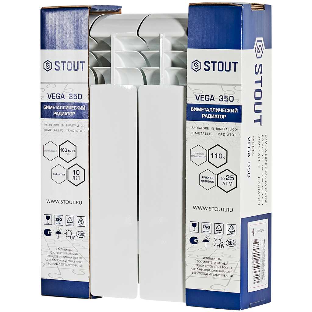 Радиатор биметаллический STOUT VEGA 350 4 секции боковое подключение (белый RAL 9016), SRB-1310-035004