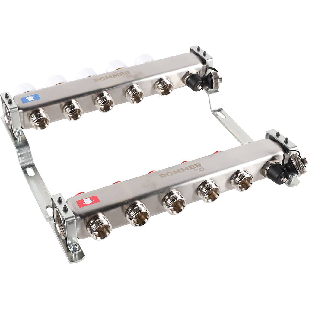 Коллектор из нержавеющей стали без расходомеров ROMMER, с клапаном вып. воздуха и сливом 5 выходов, RMS-3201-000005