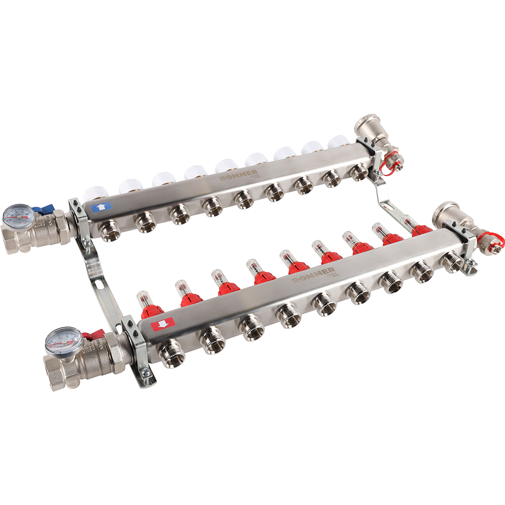 Коллектор из нержавеющей стали в сборе с расходомерами ROMMER 9 выходов, RMS-1210-000009