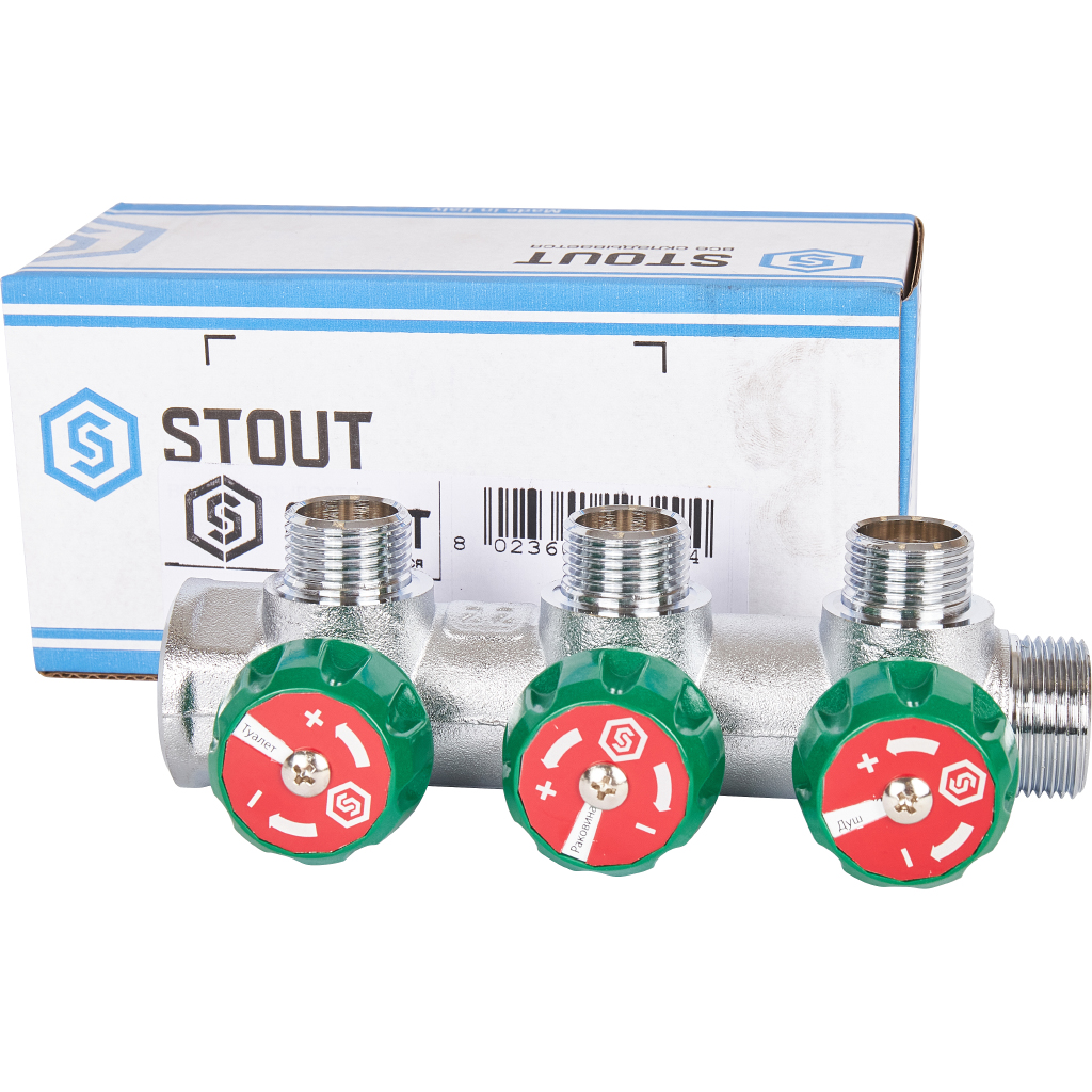 SMB-6850-341203 STOUT Коллектор регулирующий 3/4 , 3 отвода 1/2 под компрессионный фитинг для полимерных труб