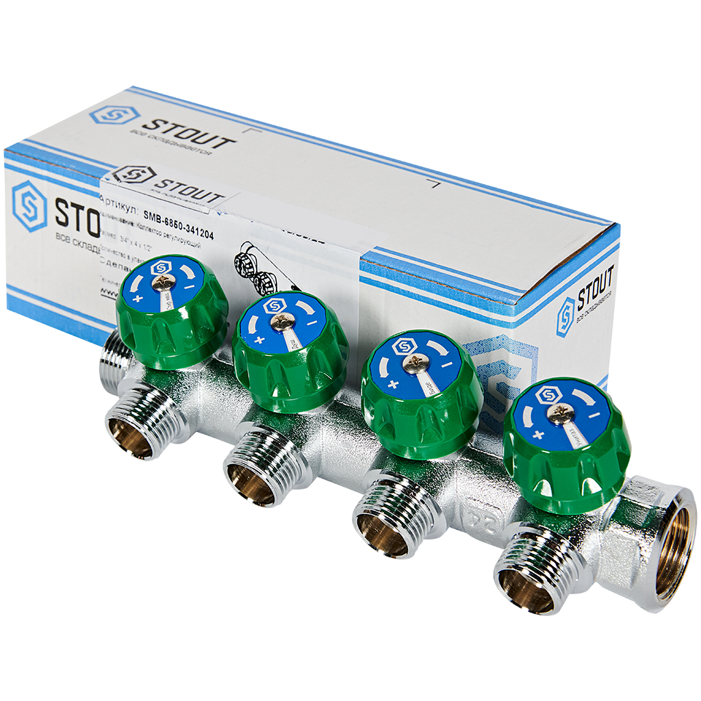 SMB-6850-341204 STOUT Коллектор регулирующий 3/4 , 4 отвода 1/2 под компрессионный фитинг для полимерных труб