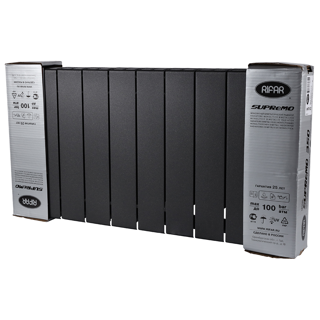 Радиатор биметаллический RIFAR SUPReMO VENTIL 350 SVR 10 секций нижнее правое подключение (Цвет АНТРАЦИТ), 4RS35.VR-10-AN