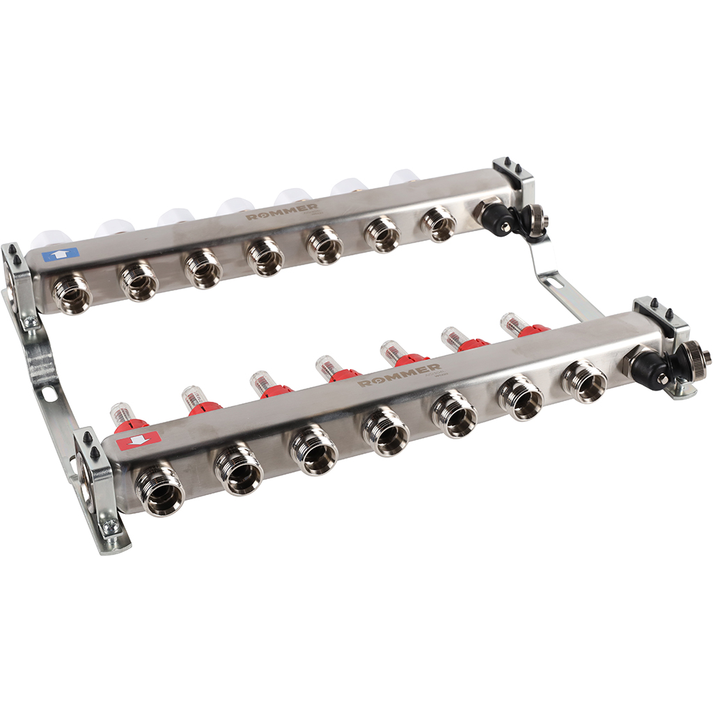Коллектор из нержавеющей стали с расходомерами ROMMER, с клапаном вып. воздуха и сливом 7 выходов, RMS-1201-000007