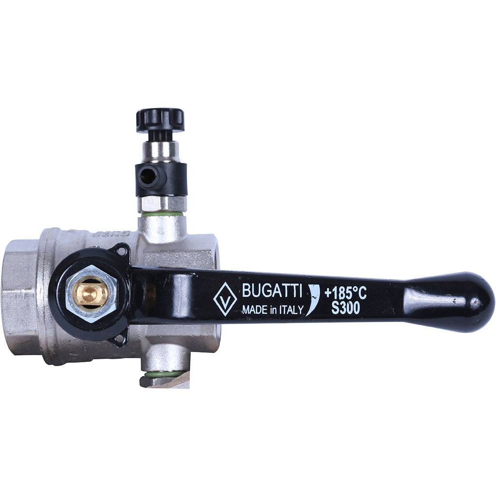 Кран шаровой BUGATTI Oregon с дренажем и воздухоотводчиком, (ручка-рычаг алюминий) внут-внут резьба 1