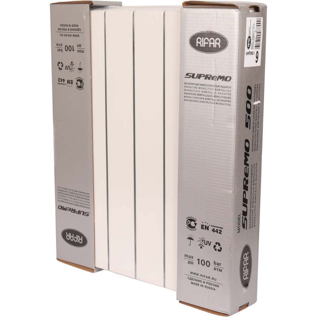 Радиатор биметаллический RIFAR SUPReMO VENTIL 500 SVR 6 секций нижнее правое подключение (белый RAL 9016), 4RS50.VR-6