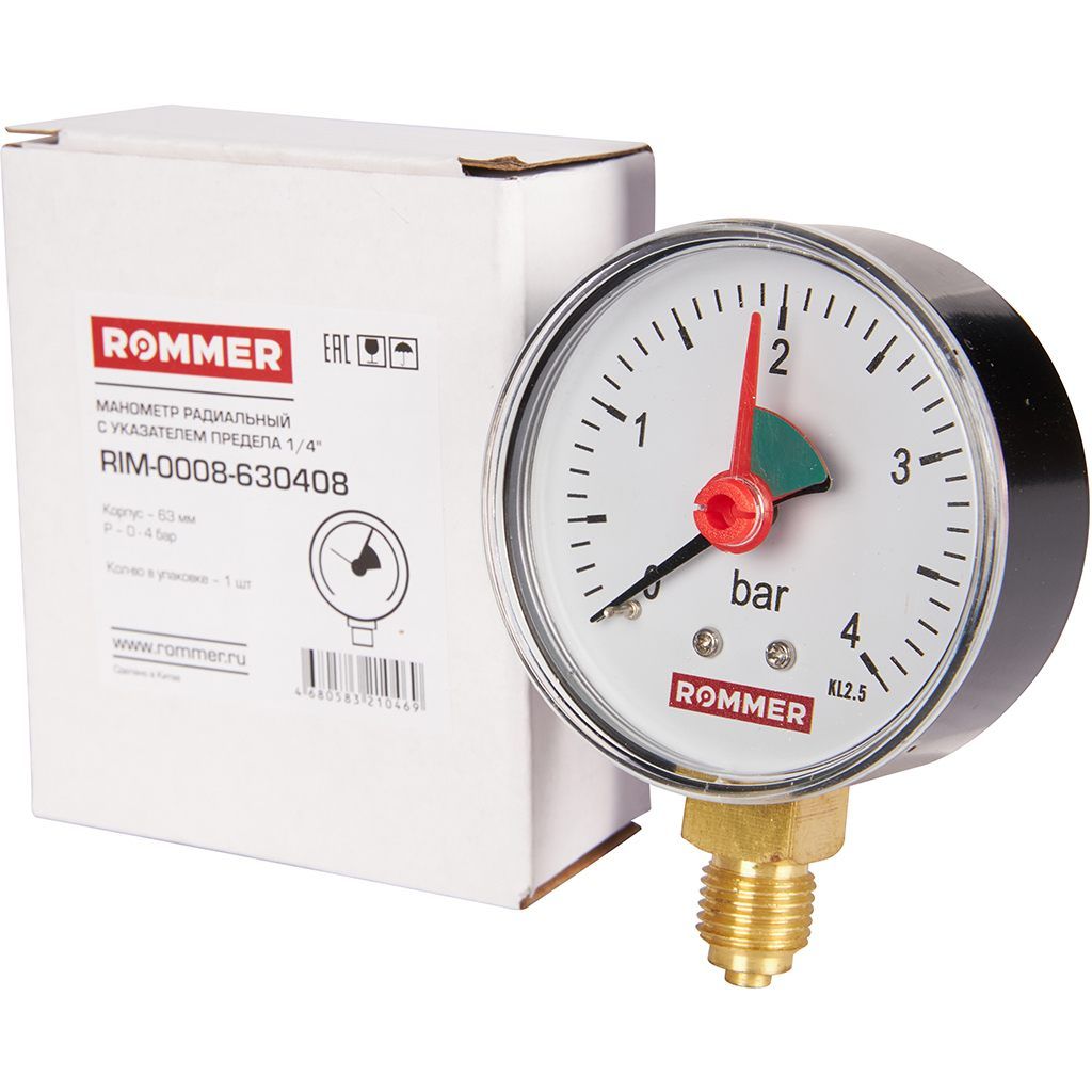 Манометр радиальный ROMMER 63 мм с указателем предела 1/4