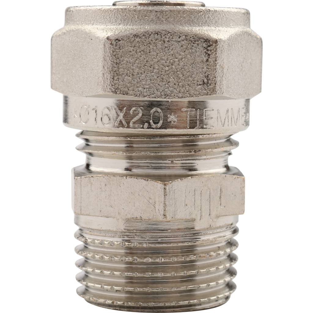 Муфта TIEMME с наружной резьбой (16х2.0х1/2) для металлопластиковых труб винтовой, 1600001