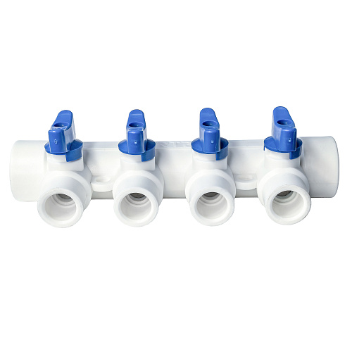 Коллектор с шаровым краном синий PPR 32х20/4,  белый, RTP