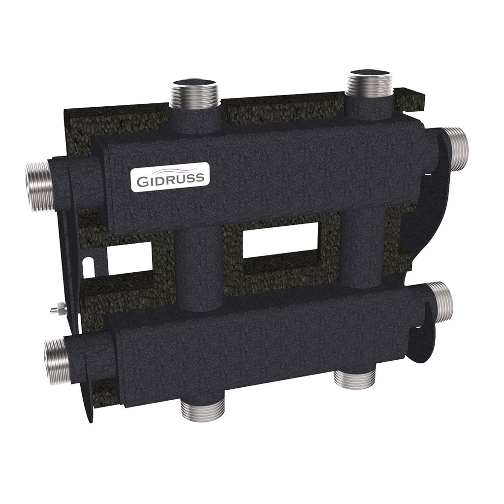 Модульный коллектор GIDRUSS MK-60-3DU.EPP (до 60 кВт, магистраль G 1, 2+1 контура G 1, EPP-термоизоляция, кронштейны K.UMS, цвет черный муар с серебром)