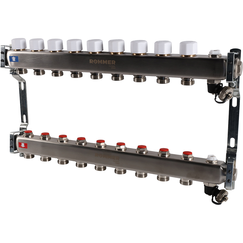 Коллектор из нержавеющей стали без расходомеров ROMMER, с клапаном вып. воздуха и сливом 9 выходов, RMS-3201-000009