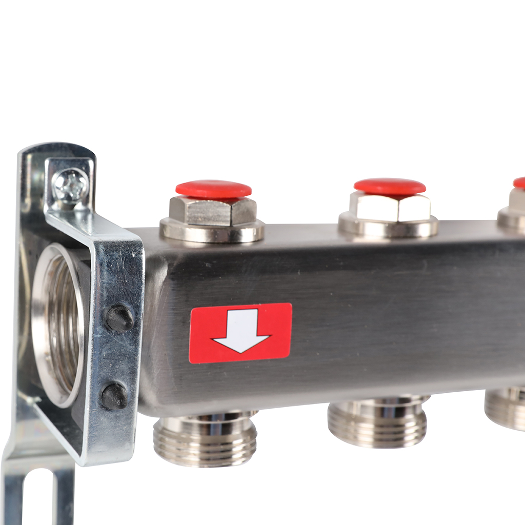 Коллектор из нержавеющей стали без расходомеров ROMMER, с клапаном вып. воздуха и сливом 8 выходов, RMS-3201-000008