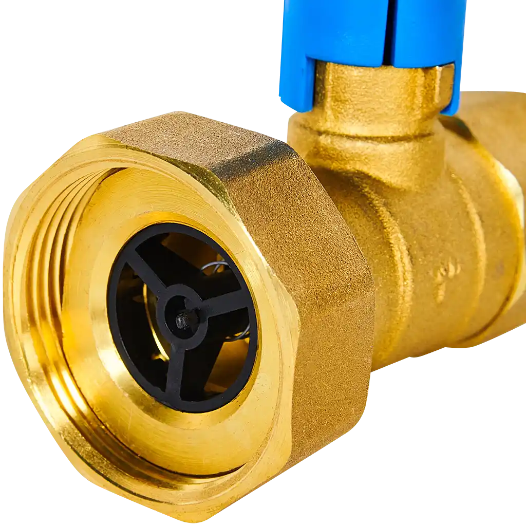 Клапан запорный латунный ROMMER ВР 1 с НГ для подключения насоса ВР 1 1/2 и обратным клапаном, синяя ручка RBV-0020-0101112