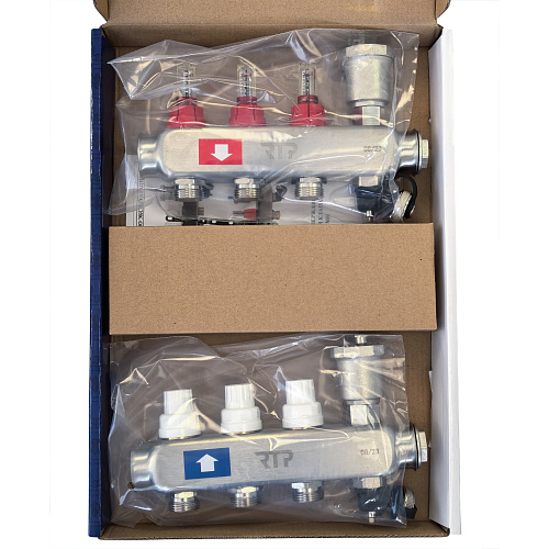 Коллекторная группа с регулирующими клапанами, расходомерами, воздухоотводчиками, обратными и дренажными клапанами, кронштейном (евроконус 3/4) нержавеющая сталь SUS 304 1х 3 выхода, RTP