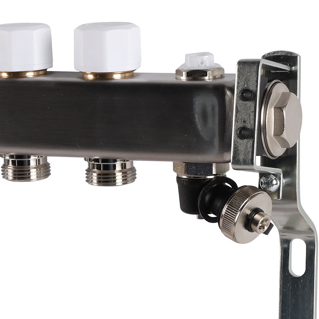 Коллектор из нержавеющей стали с расходомерами ROMMER, с клапаном вып. воздуха и сливом 8 выходов, RMS-1201-000008