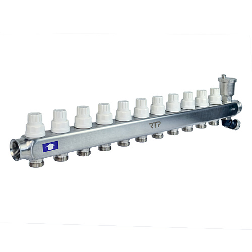 Коллекторная группа с регулирующими клапанами, расходомерами, воздухоотводчиками, обратными и дренажными клапанами, кронштейном (евроконус 3/4) нержавеющая сталь SUS 304 1х 11 выходов, RTP