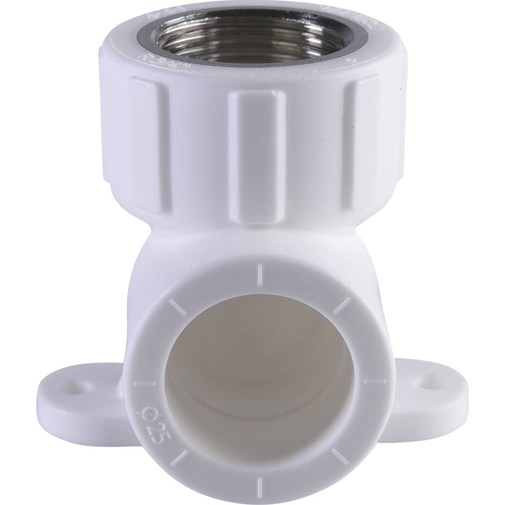 Угольник Политэк 25х3/4 с внутренней резьбой с креплением для полипропиленовых труб под сварку (цвет белый), 9400082534