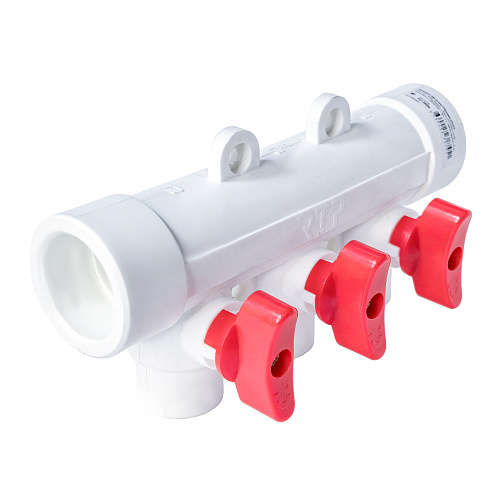 Коллектор с шаровым краном красный PPR 32х20/3,  белый, RTP