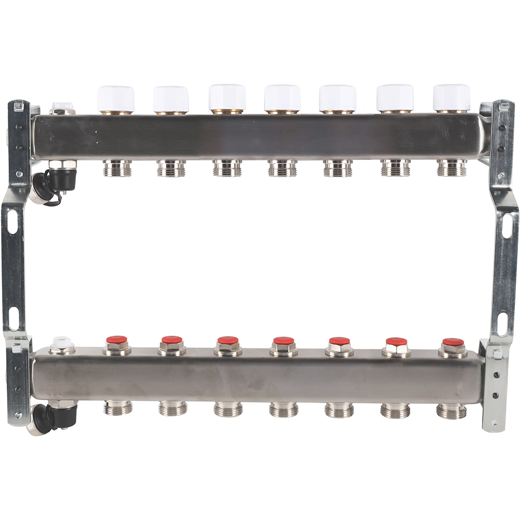 Коллектор из нержавеющей стали без расходомеров ROMMER, с клапаном вып. воздуха и сливом 7 выходов, RMS-3201-000007