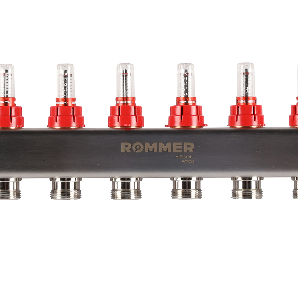 Коллектор из нержавеющей стали с расходомерами ROMMER, с клапаном вып. воздуха и сливом 9 выходов