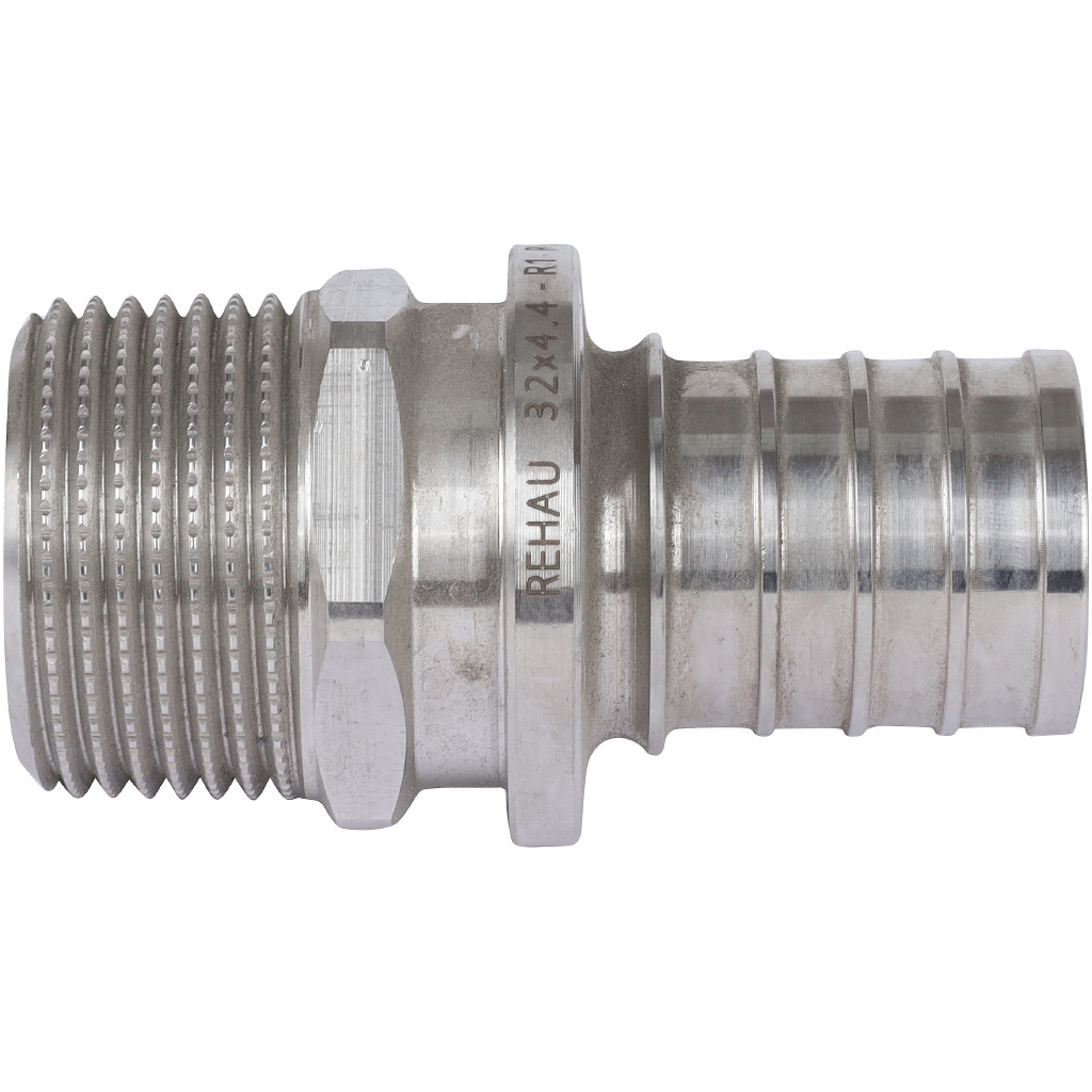 Переходник из нерж. стали РЕХАУ RAUTITAN с наружной резьбой 32 - R 1 для труб из сшитого полиэтилена аксиальный, 11377521001