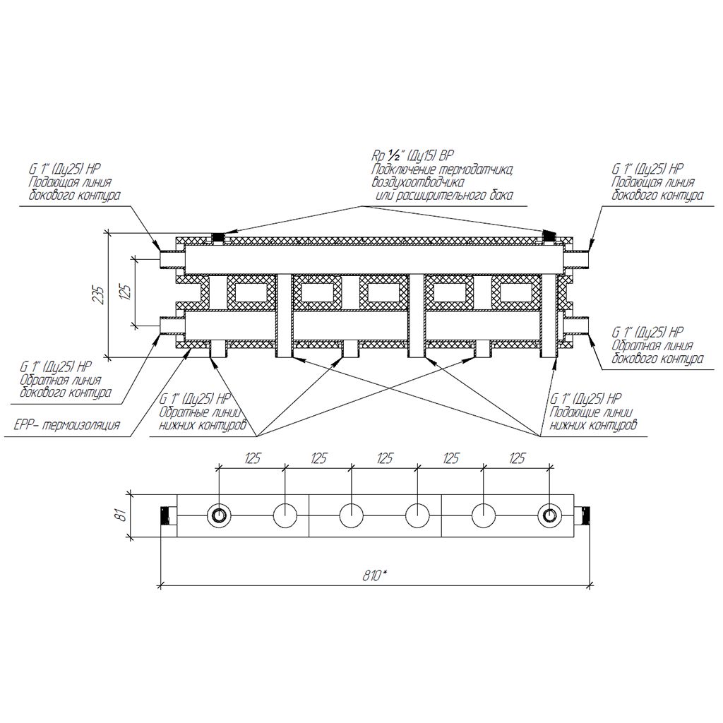 Модульный коллектор GIDRUSS MK-60-4D.EPP (до 60 кВт, магистраль G 1, 3+1 контура G 1, EPP-термоизоляция, 4D-кронштейны K.UMS, цвет черный муар с серебром, подключение для температурного датчика)