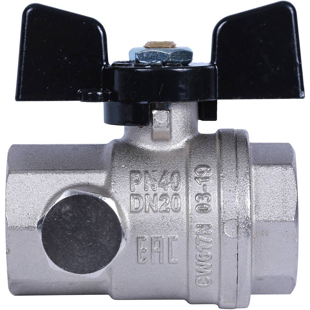 Кран шаровой BUGATTI Oregon с дренажем и воздухоотводчиком, (ручка бабочка) внут-внут резьба 3/4