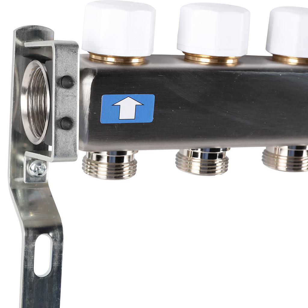 Коллектор из нержавеющей стали без расходомеров ROMMER, с клапаном вып. воздуха и сливом 6 выходов