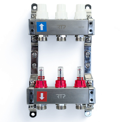 Коллекторная группа с расходомером и кронштейном (евроконус 3/4) нержавеющая сталь SUS 304 1х 3 выхода, RTP