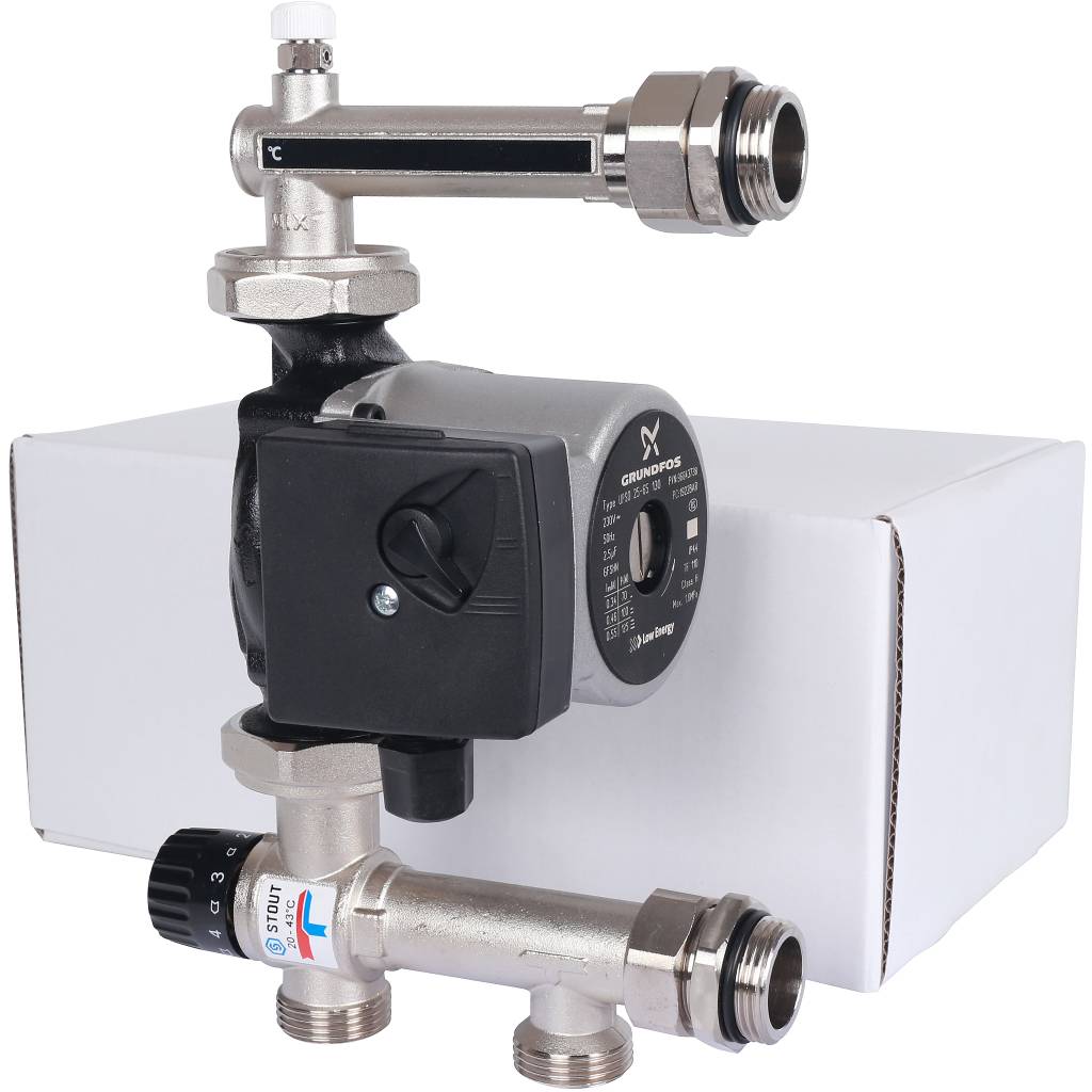 Насосно-смесительный узел STOUT SDG-0120 с термостатическим клапаном 20-43°C жидкокристаллическим термометром, с насосом UPSO 25-65, 130 mm, SDG-0120-005001
