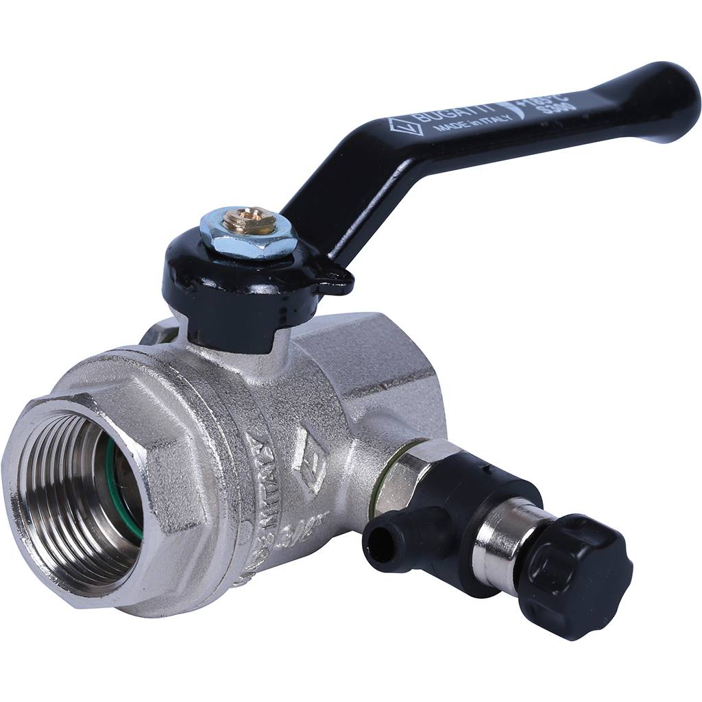 Кран шаровой BUGATTI Oregon с дренажем и воздухоотводчиком, (ручка-рычаг алюминий) внут-внут резьба 3/4