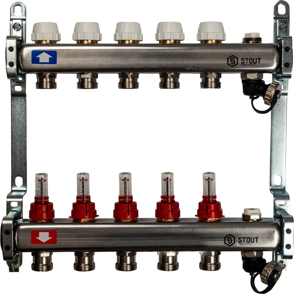 Коллектор из нержавеющей стали с расходомерами, с клапаном вып. воздуха и сливом STOUT 5 выходов, SMS-0927-000005