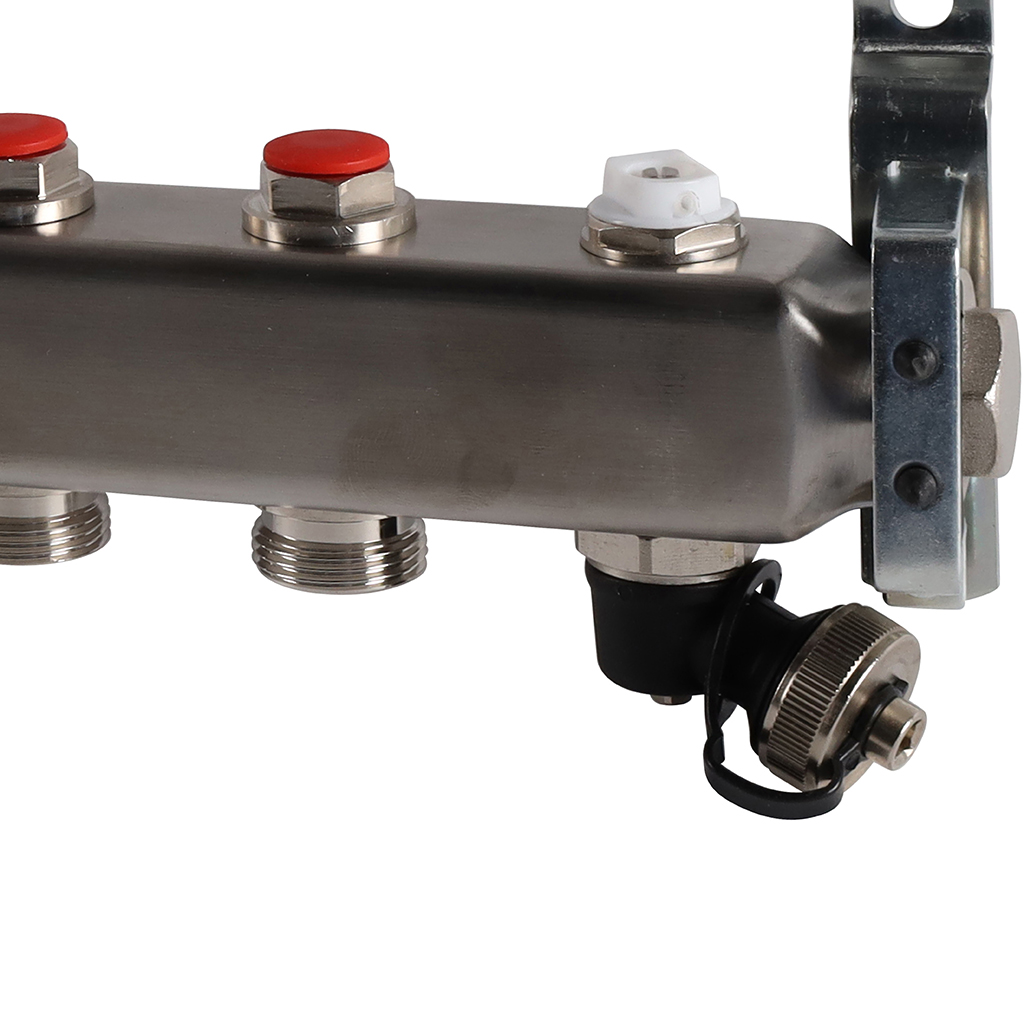 Коллектор из нержавеющей стали без расходомеров ROMMER, с клапаном вып. воздуха и сливом 7 выходов