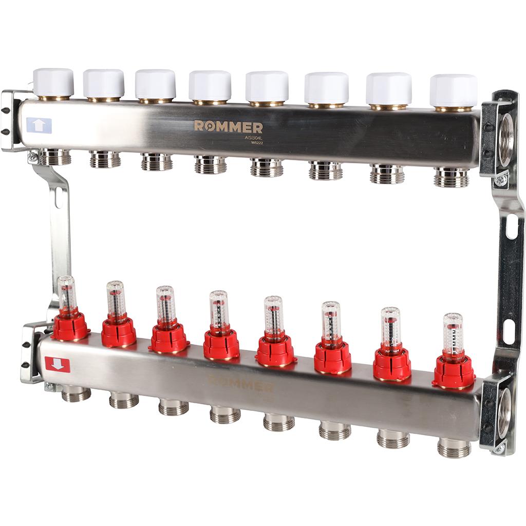 Коллектор из нержавеющей стали с расходомерами ROMMER 8 выходов, RMS-1200-000008