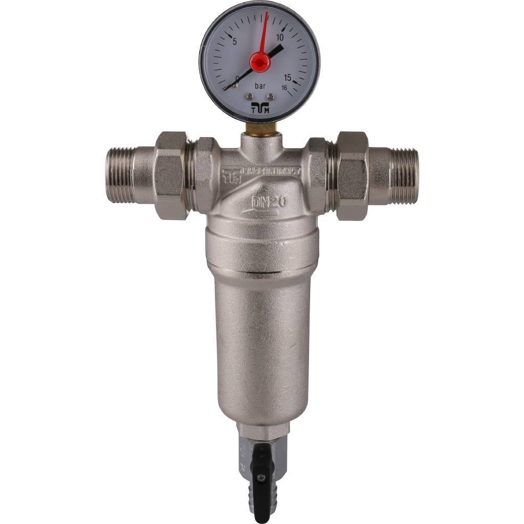 Фильтр с манометром TIEMME 3/4 со сгонами, с латунной колбой, промывной, 3130003
