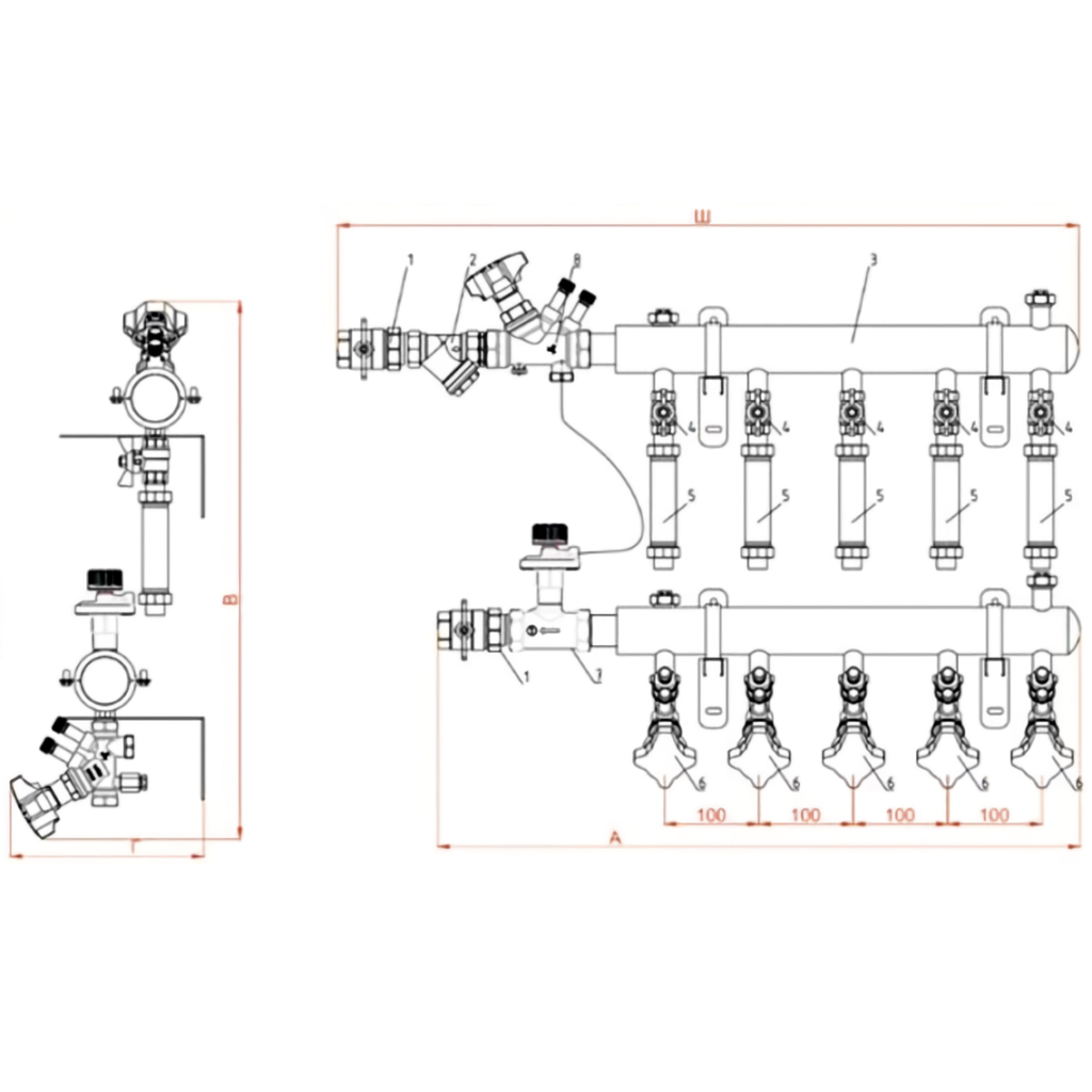 Коллектор модульный БЭФ-КЭ на 6 отводов, левый, Ду40, входная группа Ду25, регулятор перепада давления Ду20