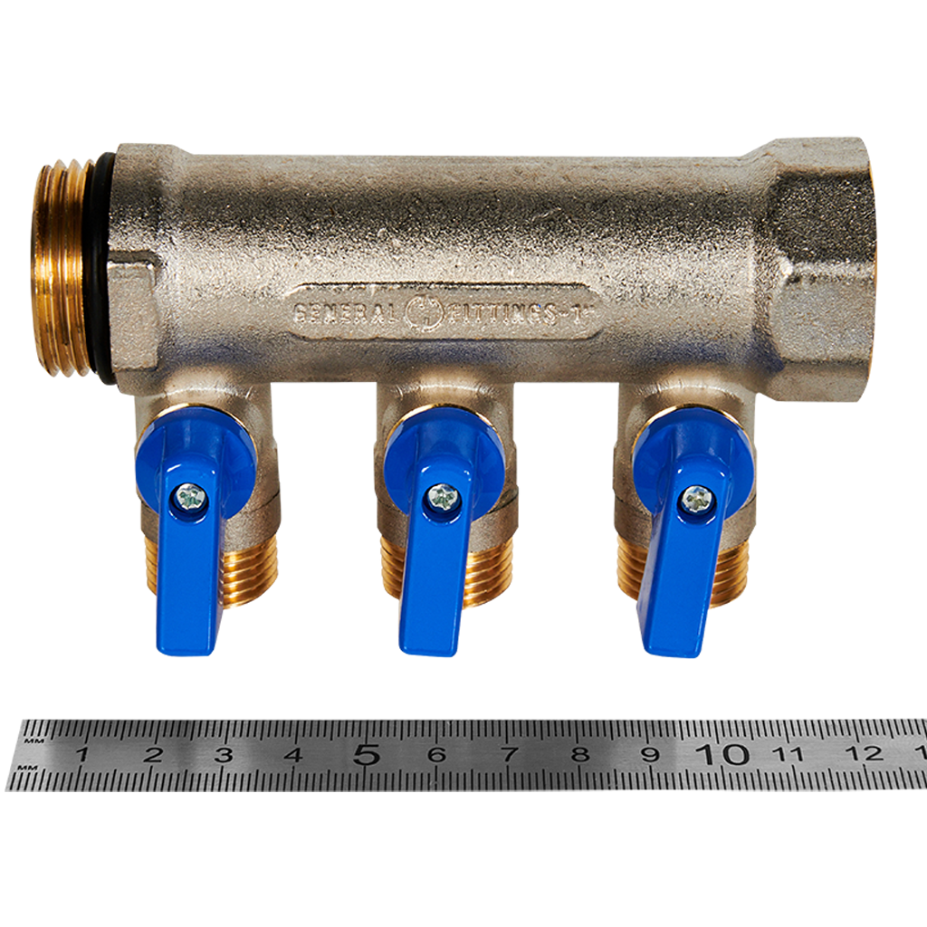 Коллектор с шаровыми кранами STOUT 1 , 3 отвода 1/2  (синие ручки)