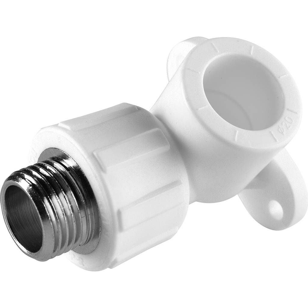 Угольник Политэк 20х1/2 с наружной резьбой с креплением для полипропиленовых труб под сварку (цвет белый), 9500082012