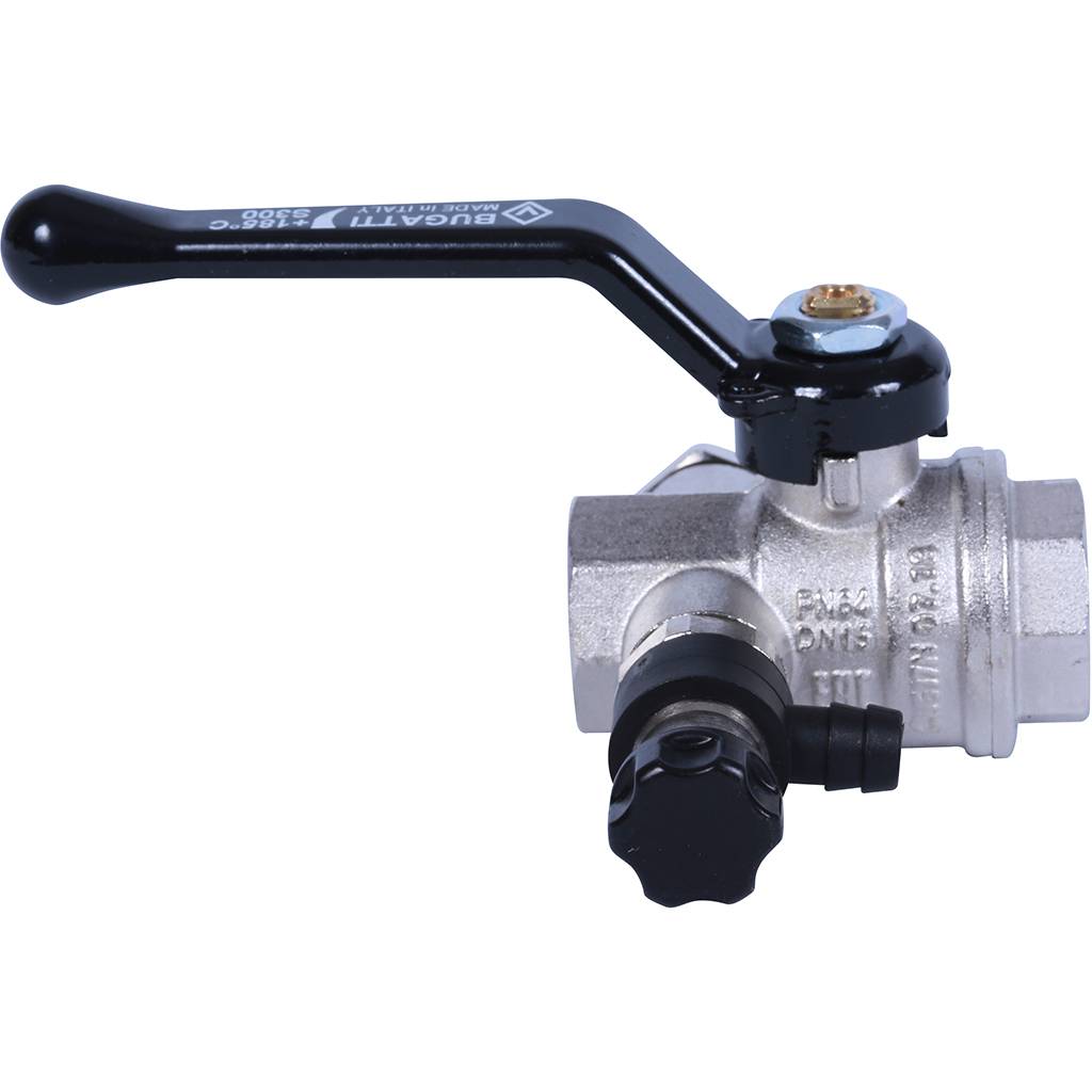 Кран шаровой BUGATTI Oregon с дренажем и воздухоотводчиком, (ручка-рычаг алюминий) внут-внут резьба 1/2