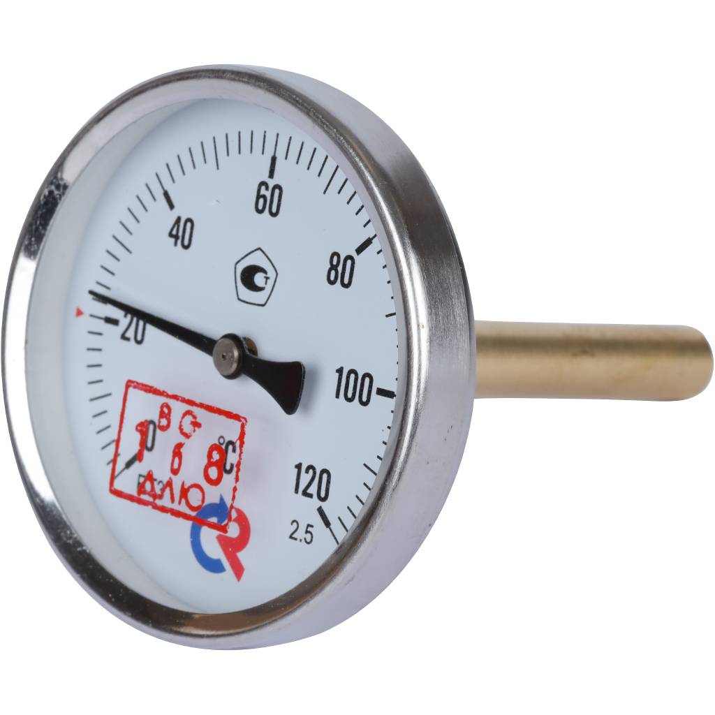 Термометр биметаллический погружной РОСМА 63 мм c гильзой 120 градусов 1/2 осевой шток 64х6 мм БТ-31.211